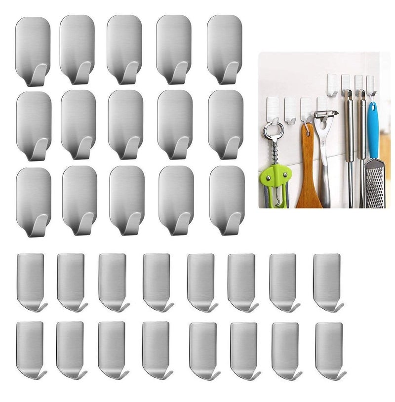 Newraturner Adhesive Hooks, 32-Pack Heavy Duty Wall Hooks Stainless Steel Waterproof Hangers for Kitchen, Bathroom, Bags, Towel, Coat, Keys, Robe, Home, Offices (16 Small + 16 Big) (Hooks - 32p) - Image 1